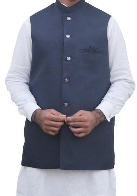 taj Men Waist Coat Indian Men Party Wear Traditional Outfit Ethnic Grooms EID RAMADHAN WEDDING Dark Blue (Waistcoat, UK, Alpha, XS, S, Regular, Regular)