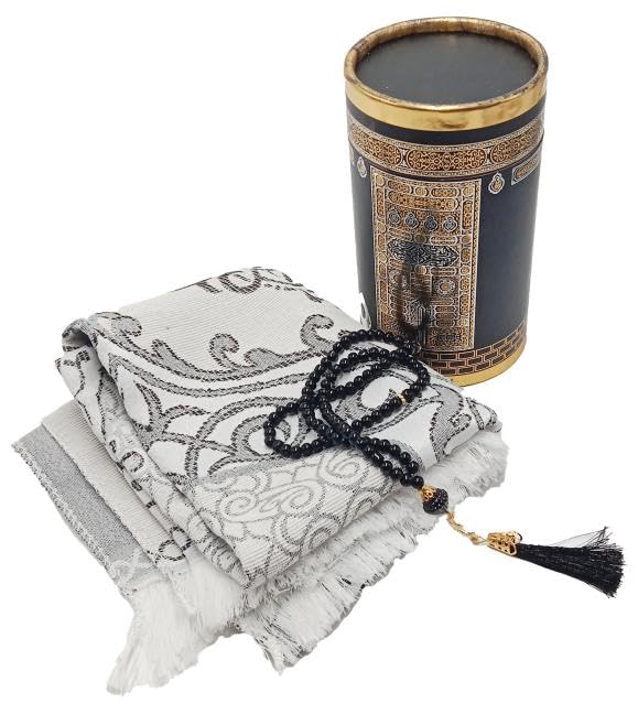 Kaaba Design Gift Boxed Portable Prayer Rug and Islamic Beads Elegant Gift Pack | Islamic Gifts | Taj Company (Black)