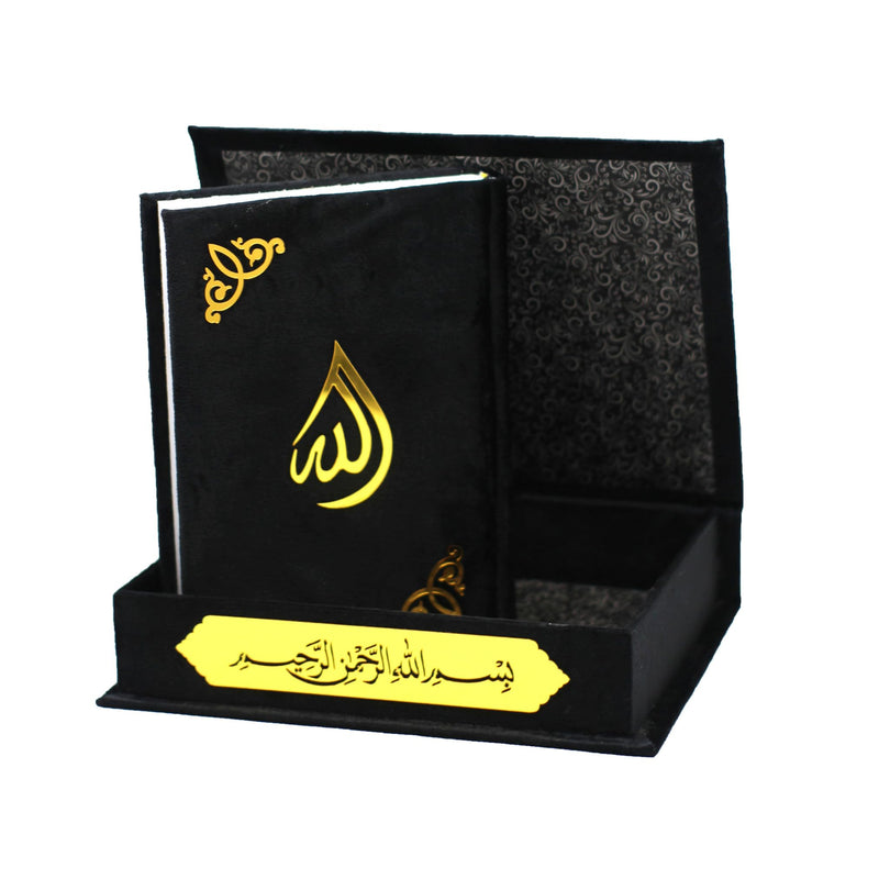 taj Holy Quran VELVET IN A BOX islamic gifts umrah mubarak gifts islamic decor nikkah gifts gifts for muslim women gifts for muslims eid gift set islamic gifts for men (QURAN 14 * 20cm, BLACK)